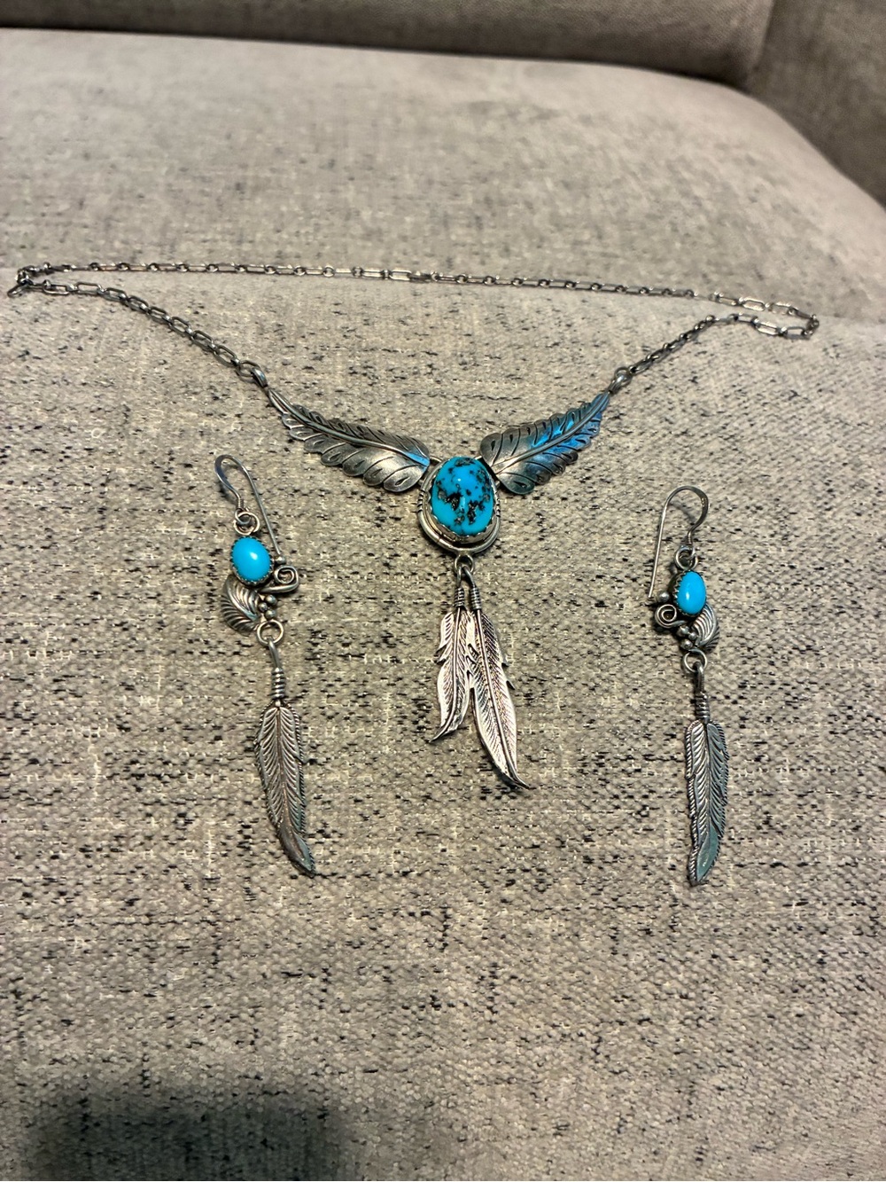 Silver and Turquoise Vintage Feather Wing Pendant Necklace & Earring Set “C”